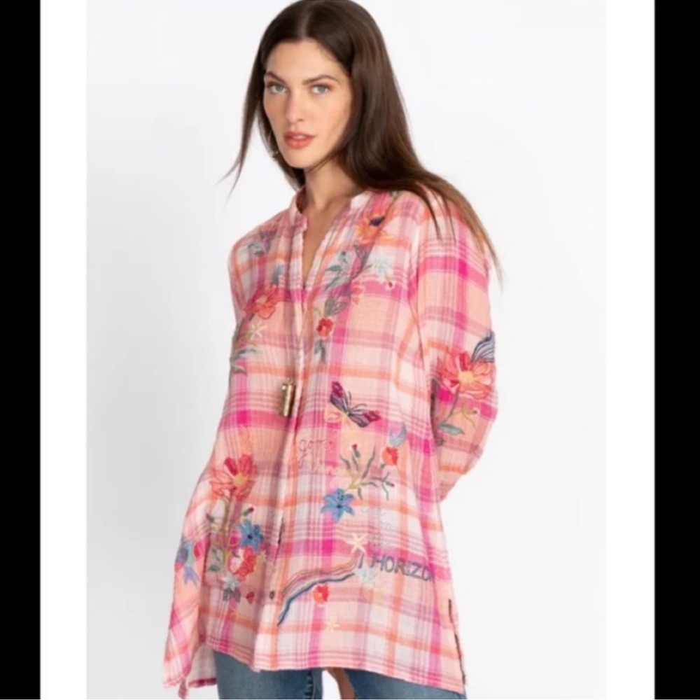 Johnny Was Workshop Jordan Voyager Tunic pink plaid button with embroidery